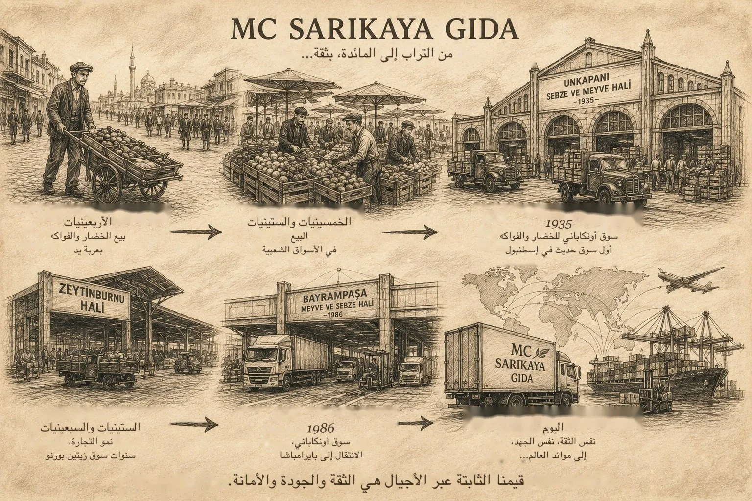 رسم توضيحي لمسيرة MC Sarıkaya Gıda من الأربعينيات حتى اليوم: التجارة بعربة اليد، الأسواق الشعبية، أسواق الجملة، والتصدير إلى الأسواق العالمية